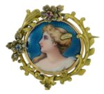 Jewel-Set Guilloche Enamel Portrait Brooch, Solid 14K Gold, Swiss 19th Century